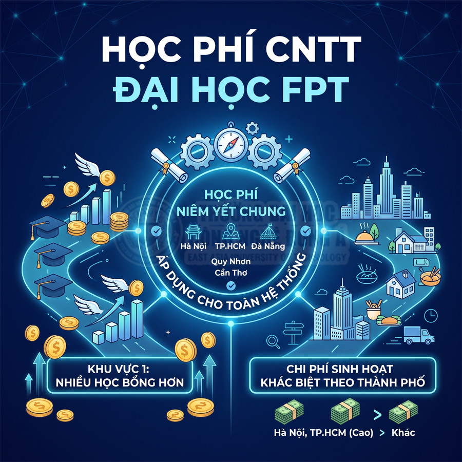 Infographic học phí ngành CNTT Đại học FPT, học phí niêm yết chung và chi phí sinh hoạt theo từng thành phố