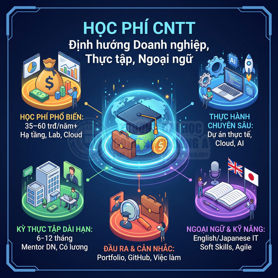 Infographic học phí ngành CNTT với các mục học phí, thực tập doanh nghiệp, thực hành cloud AI và ngoại ngữ kỹ năng
