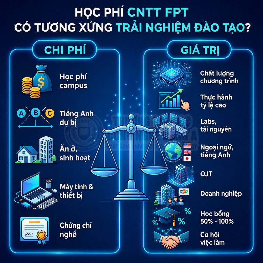 Infographic so sánh chi phí và giá trị học phí ngành CNTT FPT với các hạng mục đào tạo và cơ hội việc làm