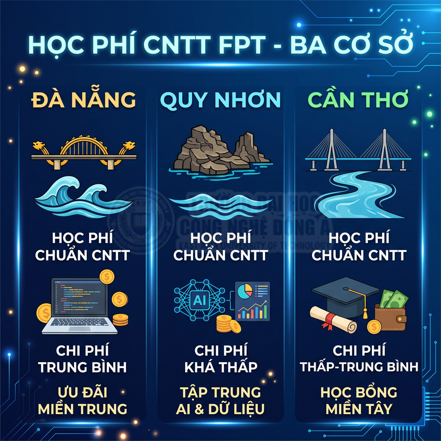 So sánh học phí ngành CNTT FPT tại ba cơ sở Đà Nẵng, Quy Nhơn, Cần Thơ và các ưu đãi từng khu vực