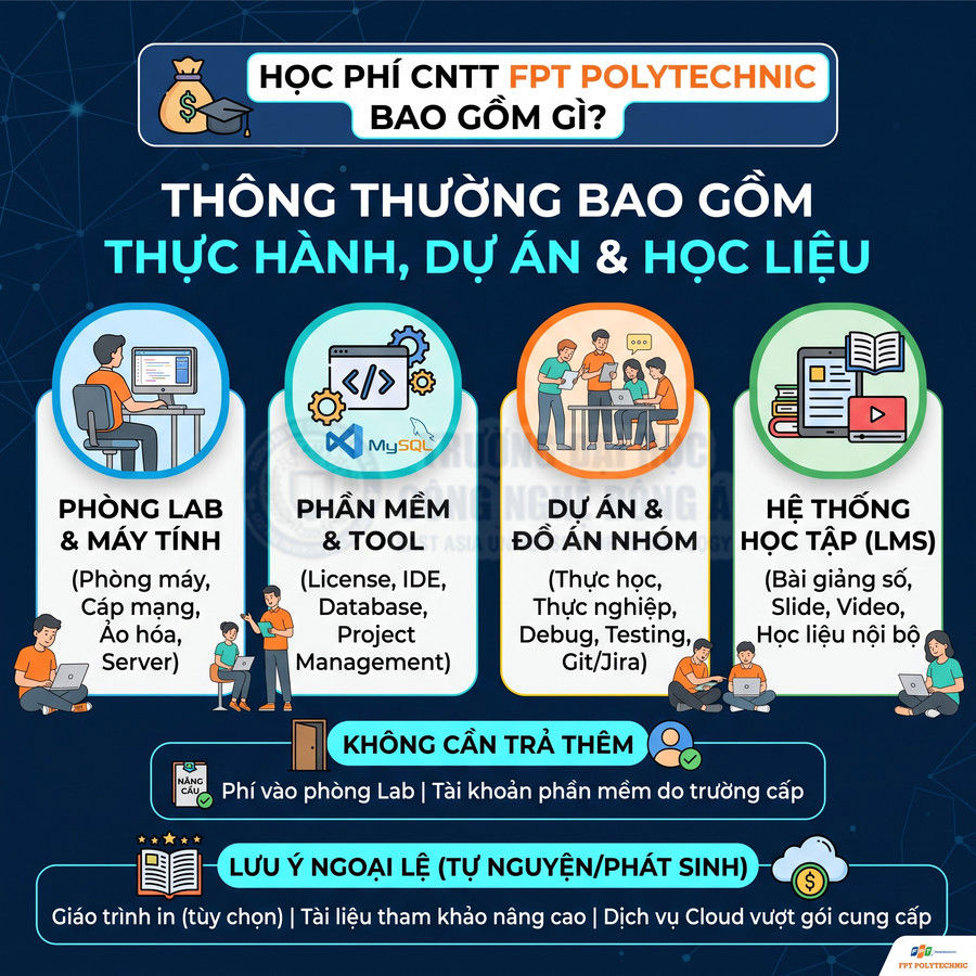 Infographic học phí CNTT FPT Polytechnic gồm phòng lab, phần mềm, dự án nhóm và hệ thống học tập LMS