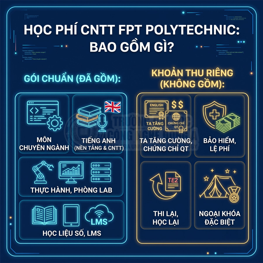 Infographic học phí ngành CNTT FPT Polytechnic, liệt kê các khoản đã gồm và chưa gồm trong gói chuẩn