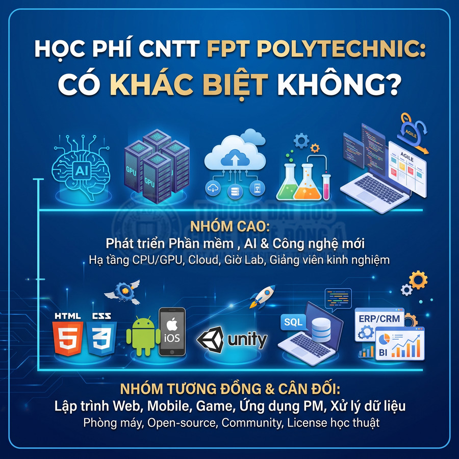 Poster giới thiệu học phí ngành CNTT FPT Polytechnic với các nhóm ngành AI, phần mềm, web, mobile, game, dữ liệu