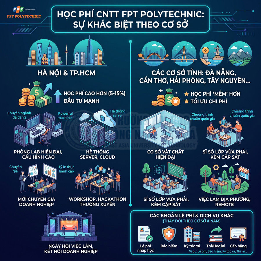 Infographic học phí ngành CNTT FPT Polytechnic so sánh giữa cơ sở Hà Nội, TP.HCM và các cơ sở tỉnh