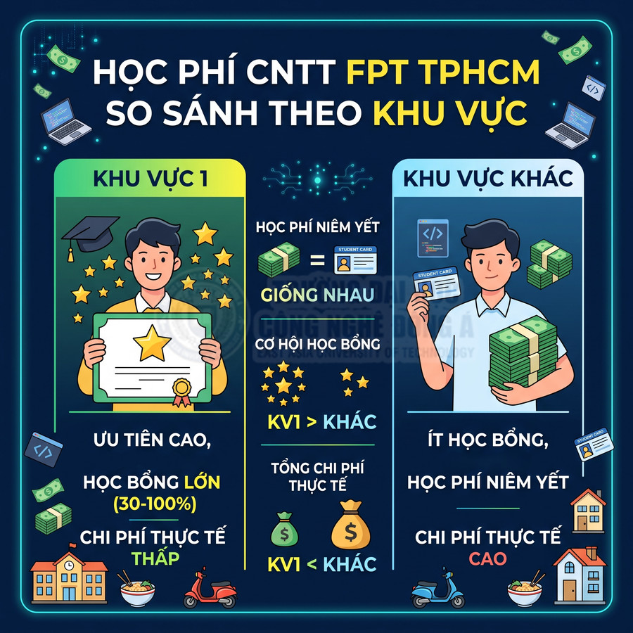 Infographic so sánh học phí CNTT FPT TPHCM giữa khu vực 1 và khu vực khác, chênh lệch học bổng và chi phí thực tế