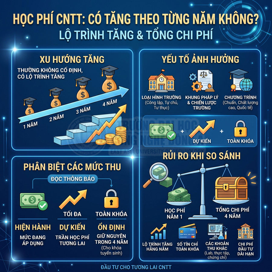 Infographic học phí ngành CNTT với xu hướng tăng theo từng năm, các yếu tố ảnh hưởng và rủi ro khi so sánh chi phí