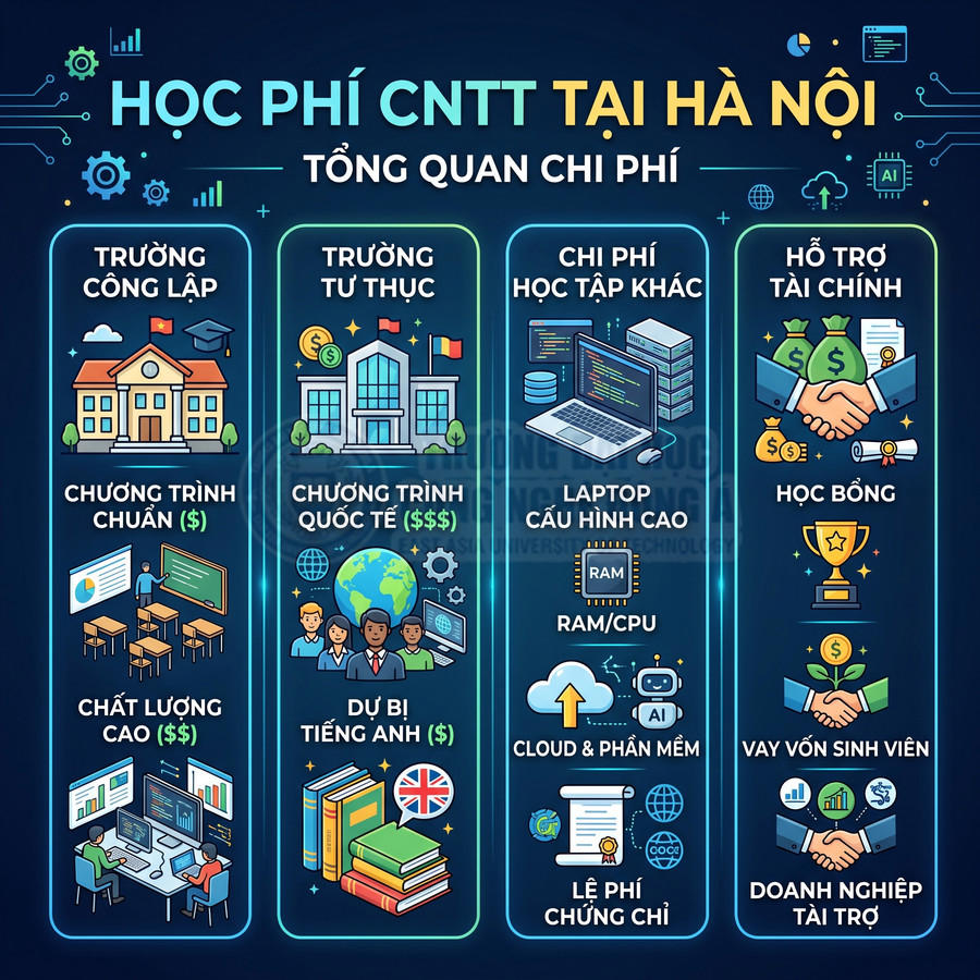 Infographic học phí ngành CNTT tại Hà Nội, so sánh trường công lập, tư thục, chi phí học tập và hỗ trợ tài chính