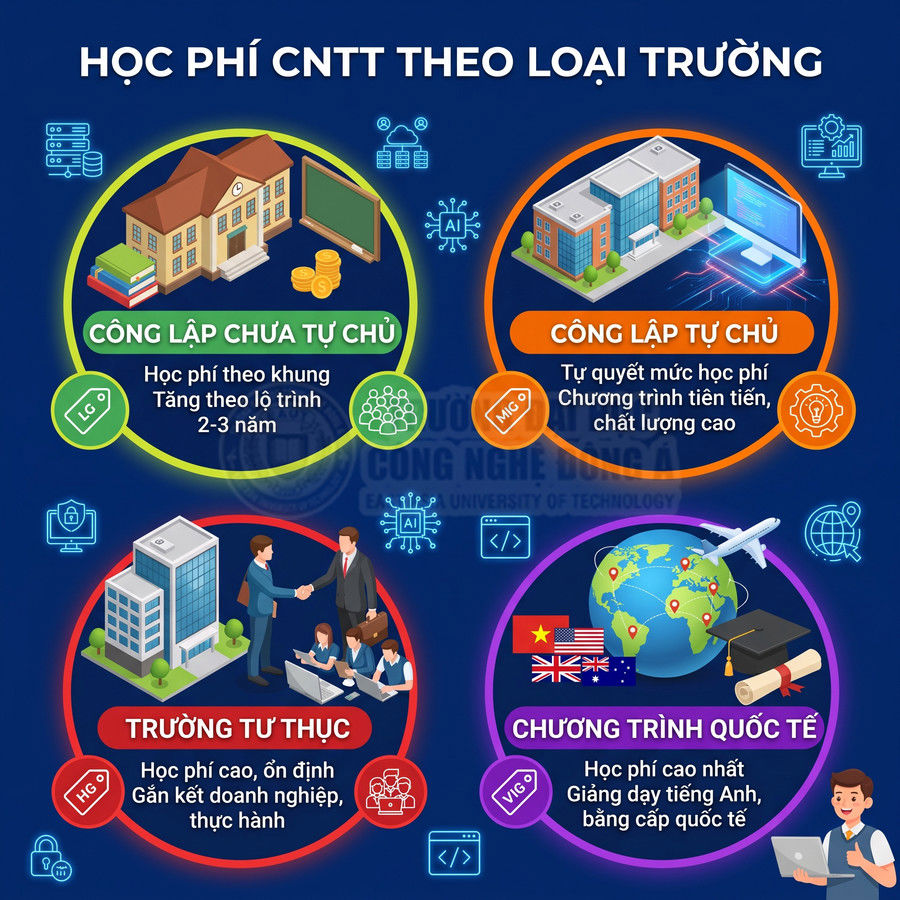 Infographic so sánh học phí ngành CNTT theo loại trường công lập, tư thục và chương trình quốc tế