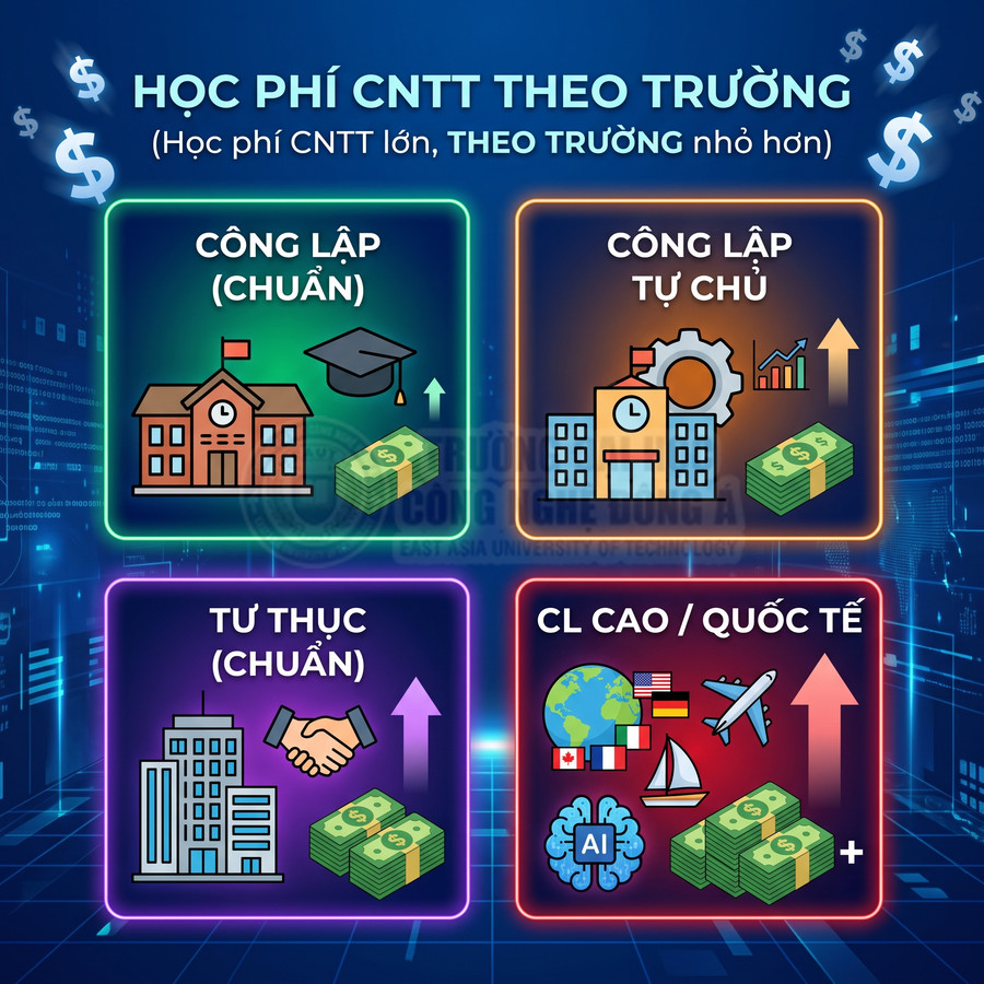 So sánh học phí ngành CNTT theo loại trường: công lập, công lập tự chủ, tư thục, chất lượng cao quốc tế
