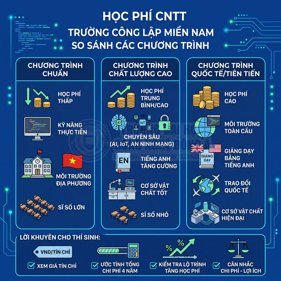 So sánh học phí và đặc điểm các chương trình CNTT chuẩn, chất lượng cao, quốc tế tại trường công lập miền Nam