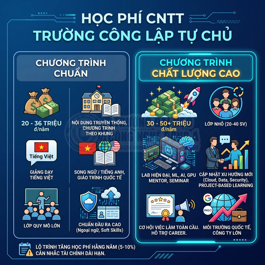 So sánh học phí và ưu điểm chương trình CNTT chuẩn và chất lượng cao tại trường công lập tự chủ