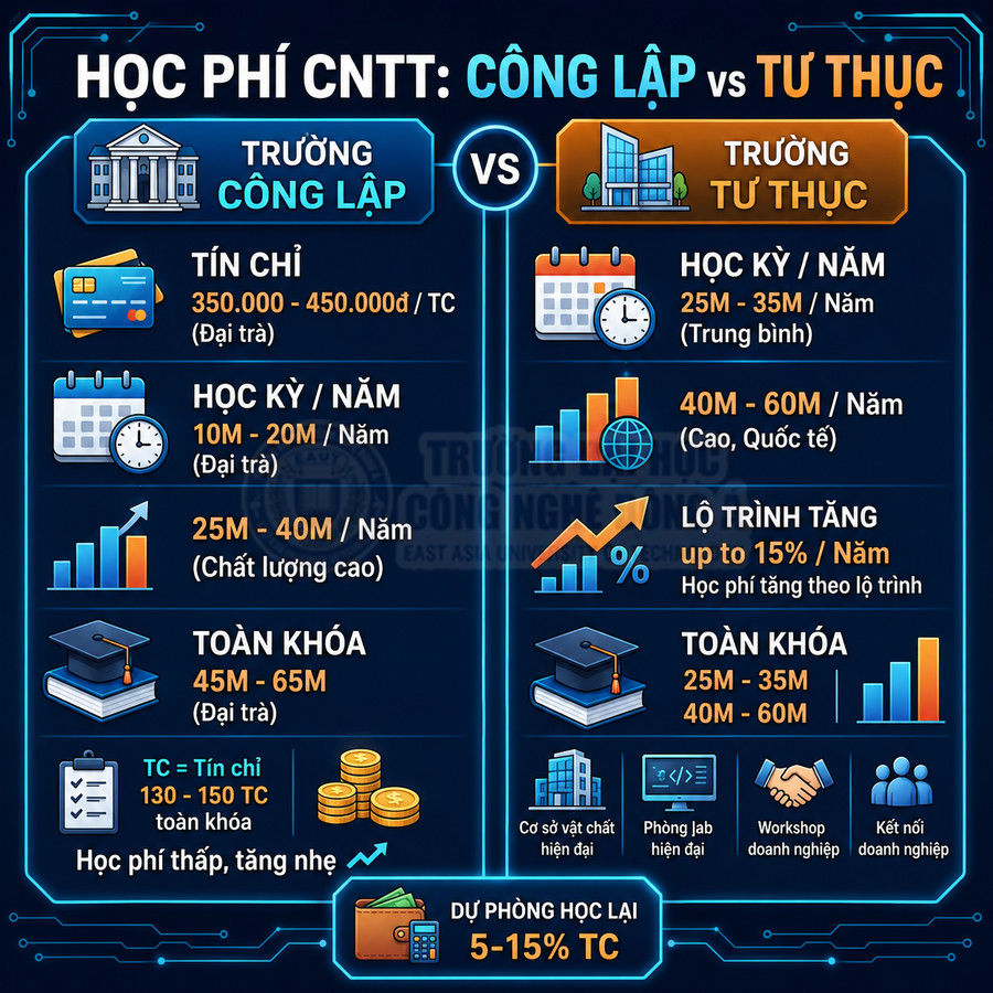 Infographic so sánh học phí ngành CNTT trường công lập và trường tư thục theo tín chỉ, học kỳ, toàn khóa