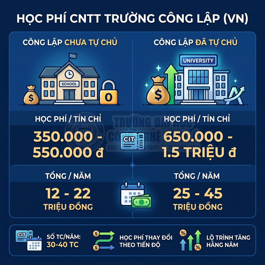 So sánh học phí ngành CNTT trường công lập chưa tự chủ và đã tự chủ tại Việt Nam theo tín chỉ và tổng năm