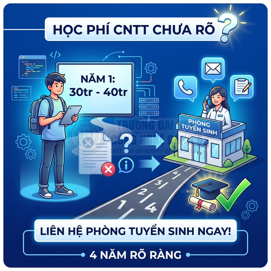 Poster tư vấn học phí ngành CNTT, sinh viên liên hệ phòng tuyển sinh để biết chi phí rõ ràng cho 4 năm học