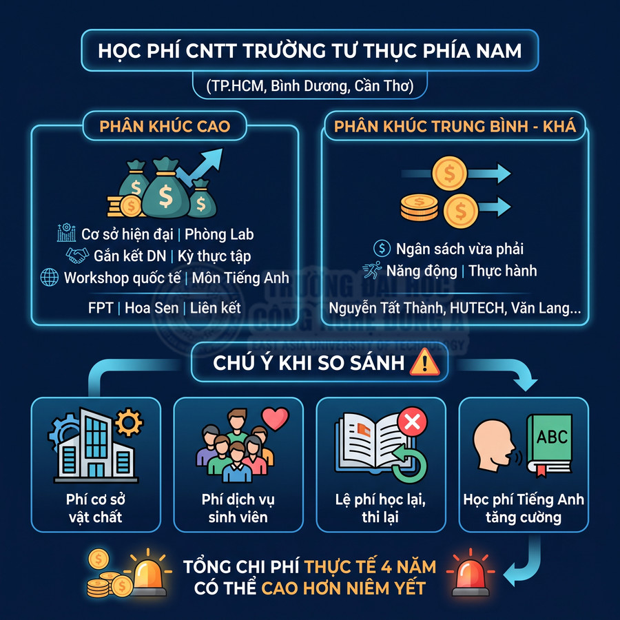Infographic so sánh học phí ngành CNTT trường đại học tư thục phía Nam và các khoản chi phí phát sinh
