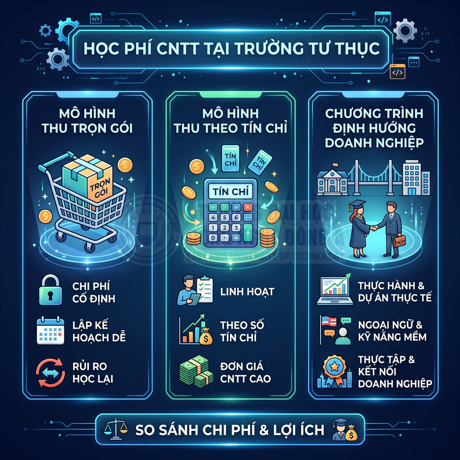 Infographic so sánh học phí ngành CNTT trường tư thục với mô hình trọn gói, tín chỉ và chương trình định hướng doanh nghiệp