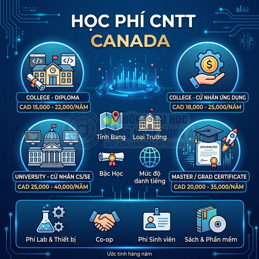 Infographic học phí ngành CNTT tại Canada cho college, đại học, thạc sĩ và các chi phí liên quan