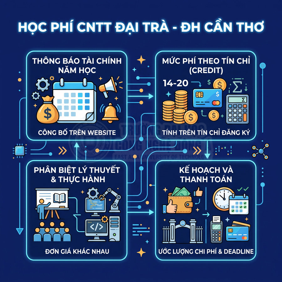 Infographic học phí ngành CNTT đại trà Đại học Cần Thơ với thông báo tài chính, mức phí tín chỉ và kế hoạch thanh toán
