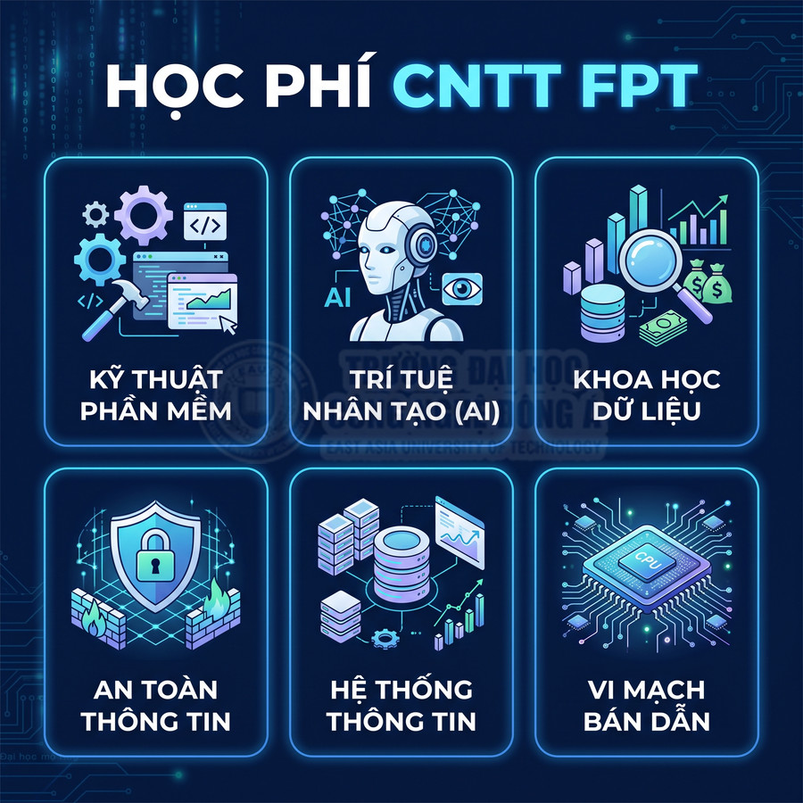 Học phí ngành CNTT FPT với các chuyên ngành phần mềm, AI, khoa học dữ liệu, an toàn và hệ thống thông tin, vi mạch