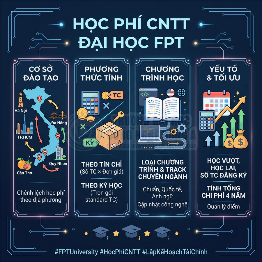 Infographic học phí ngành CNTT Đại học FPT với cơ sở đào tạo, phương thức tính và yếu tố tối ưu chi phí