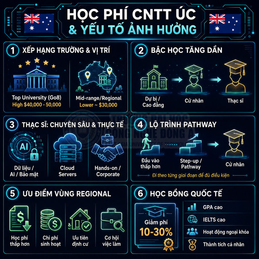 Infographic học phí ngành CNTT tại Úc và các yếu tố ảnh hưởng, học bổng, lộ trình và ưu điểm vùng regional