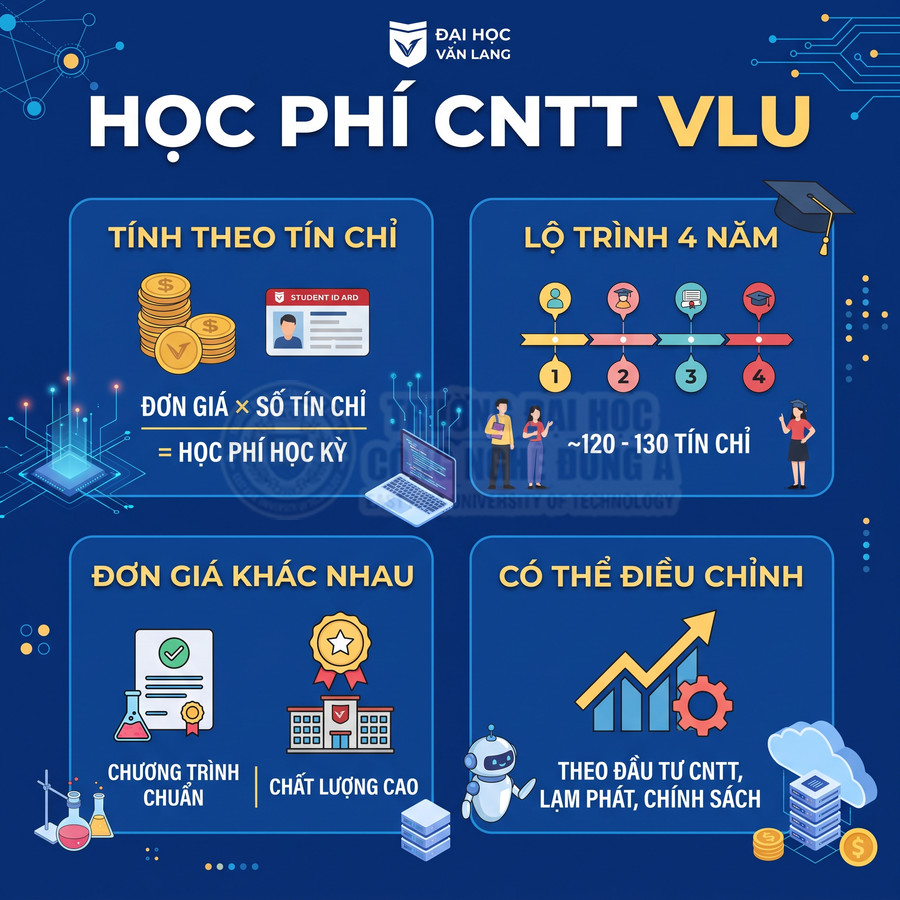 Infographic học phí ngành Công nghệ thông tin Đại học Văn Lang VLU, tính theo tín chỉ và lộ trình 4 năm