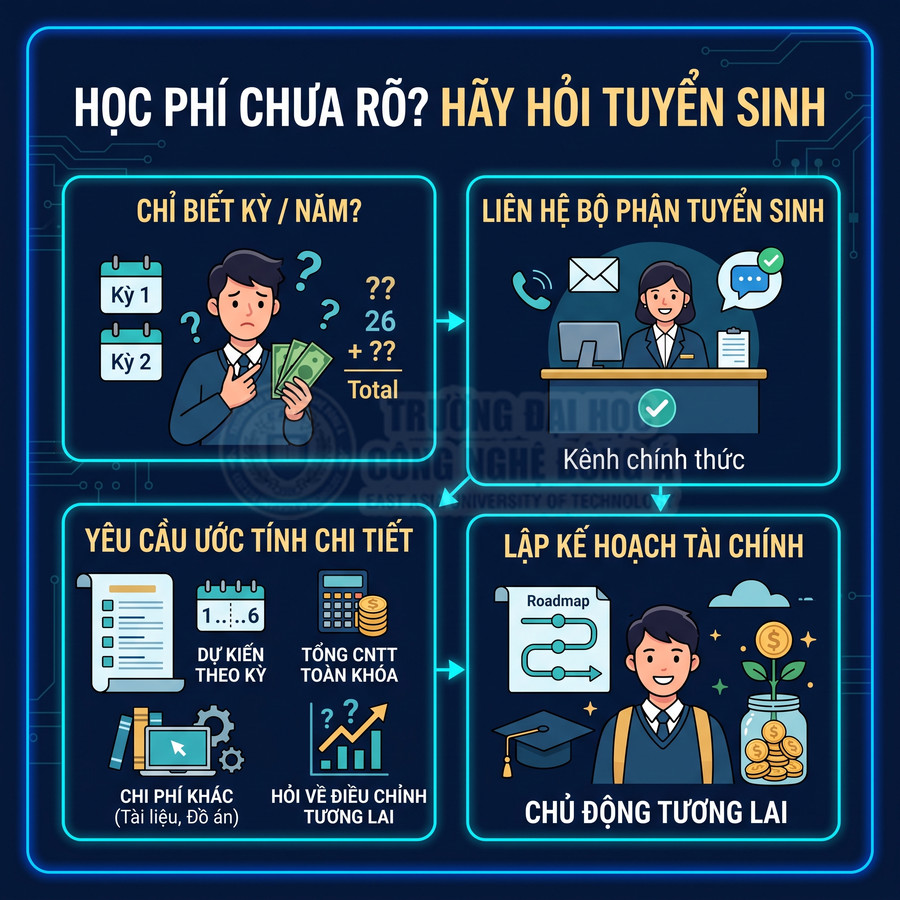Infographic hướng dẫn sinh viên liên hệ bộ phận tuyển sinh để hỏi rõ học phí và lập kế hoạch tài chính chủ động