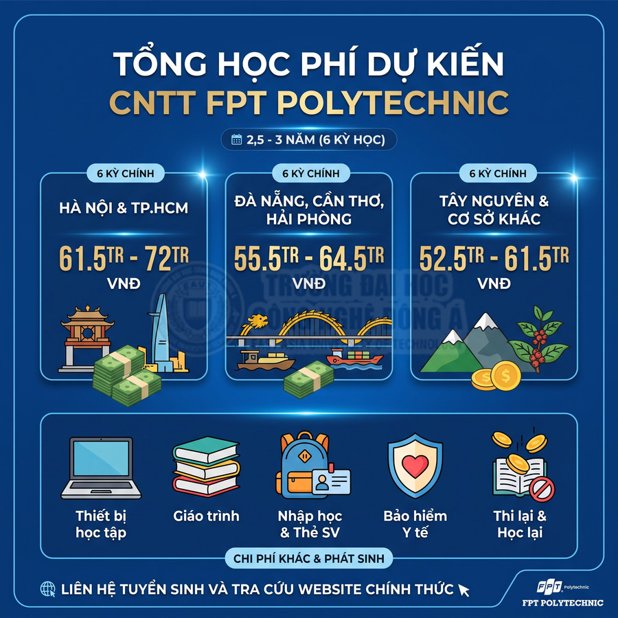 Infographic học phí dự kiến ngành CNTT FPT Polytechnic tại Hà Nội, TP.HCM, Đà Nẵng, Cần Thơ, Hải Phòng và các cơ sở khác