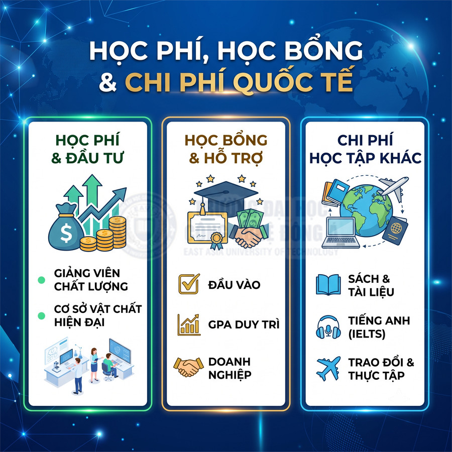 Banner giới thiệu học phí, học bổng và các chi phí học tập quốc tế với biểu tượng tiền, sách, máy tính, máy bay