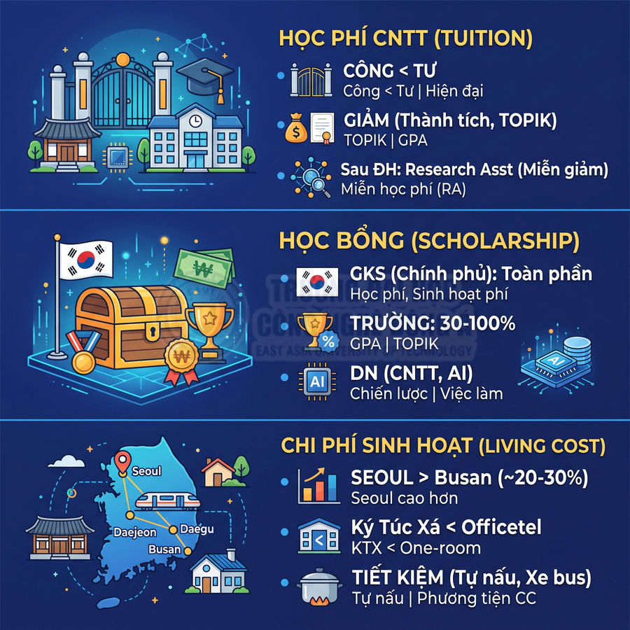 Infographic học phí CNTT, học bổng và chi phí sinh hoạt khi du học Hàn Quốc với hình minh họa trường, bản đồ, rương tiền