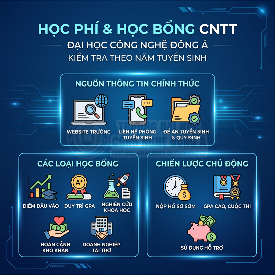 Infographic học phí và học bổng CNTT Đại học Công nghệ Đông Á với nguồn thông tin, loại học bổng và chiến lược chủ động