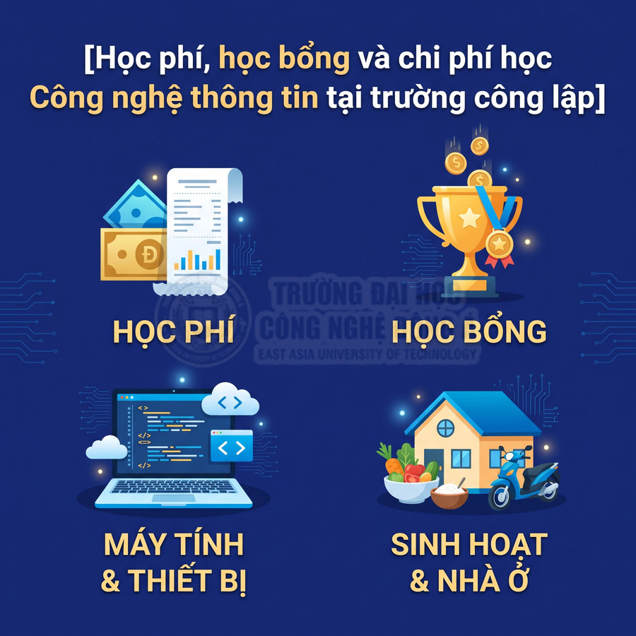Học phí, học bổng và chi phí học công nghệ thông tin tại trường công lập gồm học phí, thiết bị, sinh hoạt và nhà ở