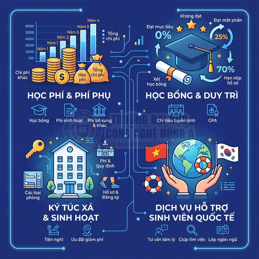 Infographic chi phí học phí, học bổng, ký túc xá và dịch vụ hỗ trợ sinh viên quốc tế tại đại học