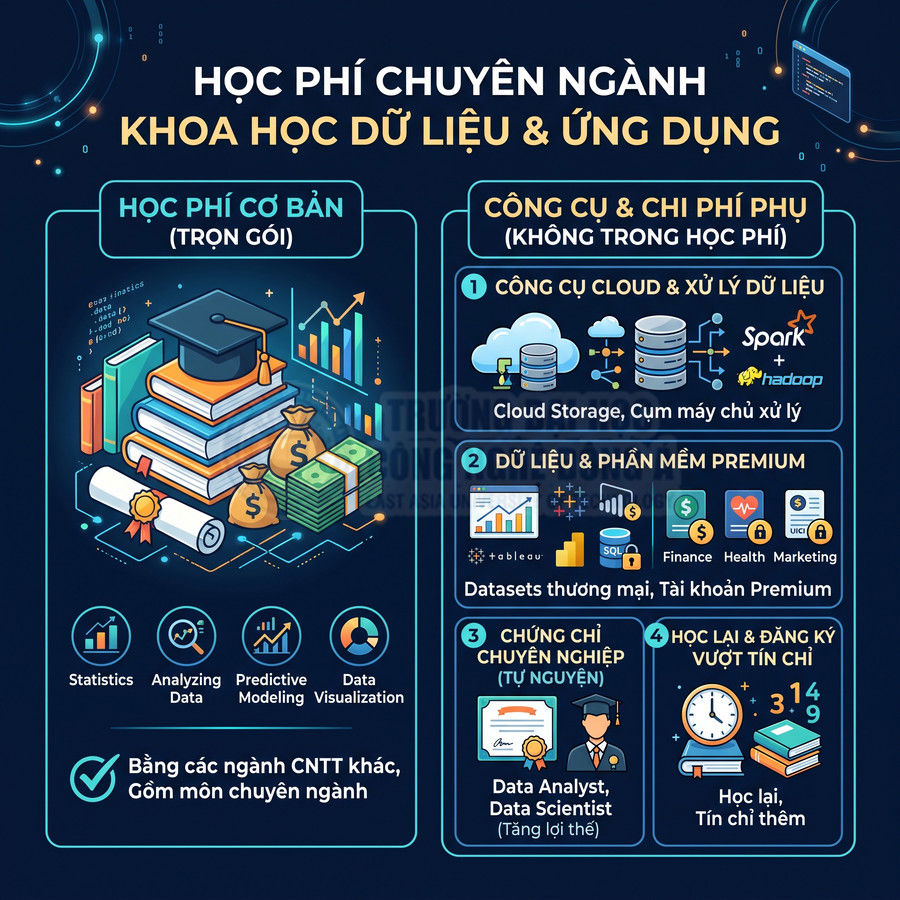 Infographic học phí chuyên ngành khoa học dữ liệu và ứng dụng, liệt kê học phí cơ bản và các chi phí công cụ phụ
