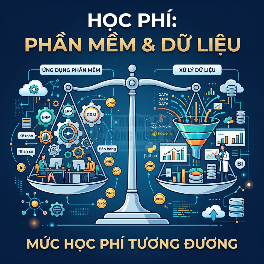 Minh họa so sánh học phí khóa học phần mềm ERP CRM và xử lý dữ liệu SQL Server Power BI Python trên cán cân