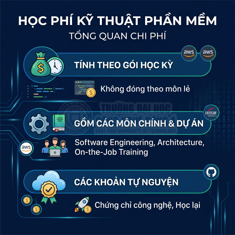 Học phí ngành Kỹ thuật phần mềm theo gói học kỳ, gồm môn chính, dự án và các khoản tự nguyện như chứng chỉ công nghệ