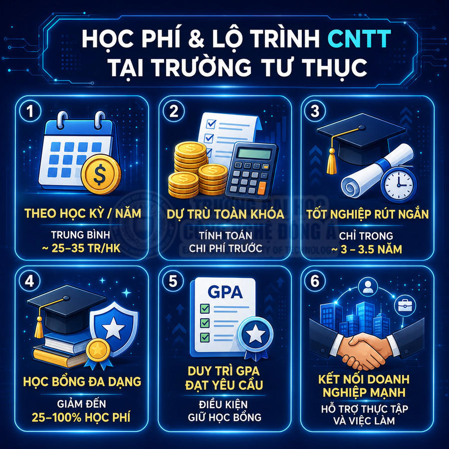 Infographic học phí và lộ trình ngành CNTT tại trường tư thục với các ưu điểm học bổng, GPA và kết nối doanh nghiệp