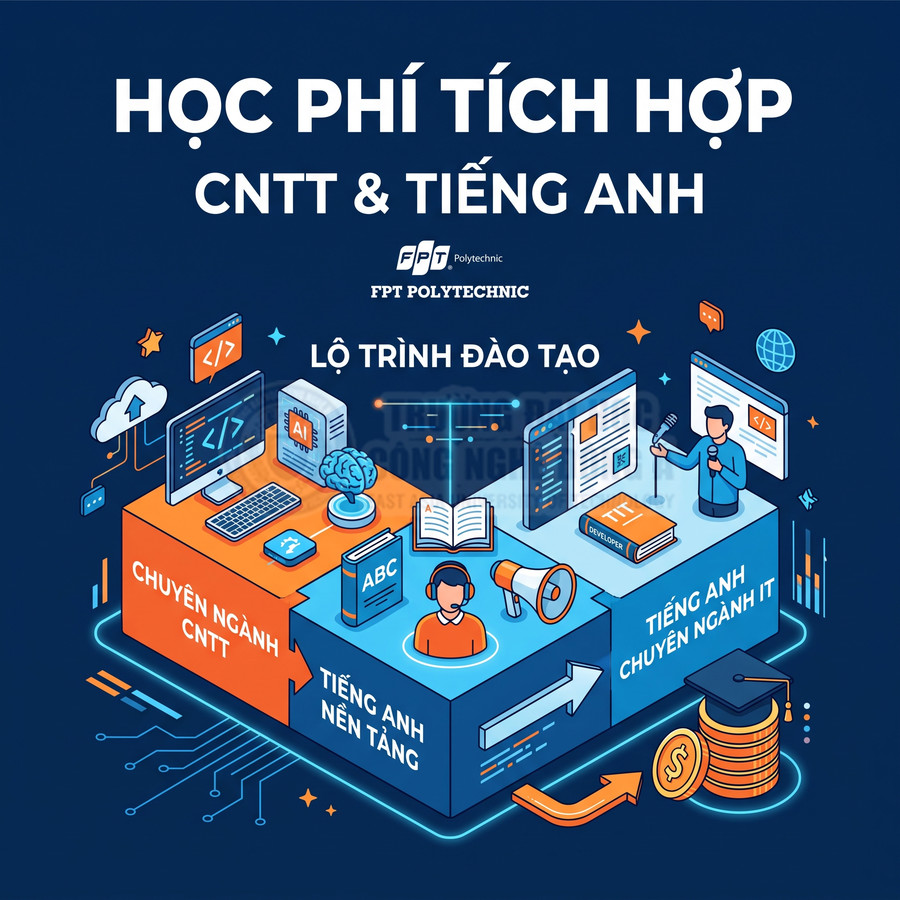 Poster FPT Polytechnic giới thiệu học phí tích hợp CNTT và tiếng Anh với lộ trình đào tạo chuyên ngành IT