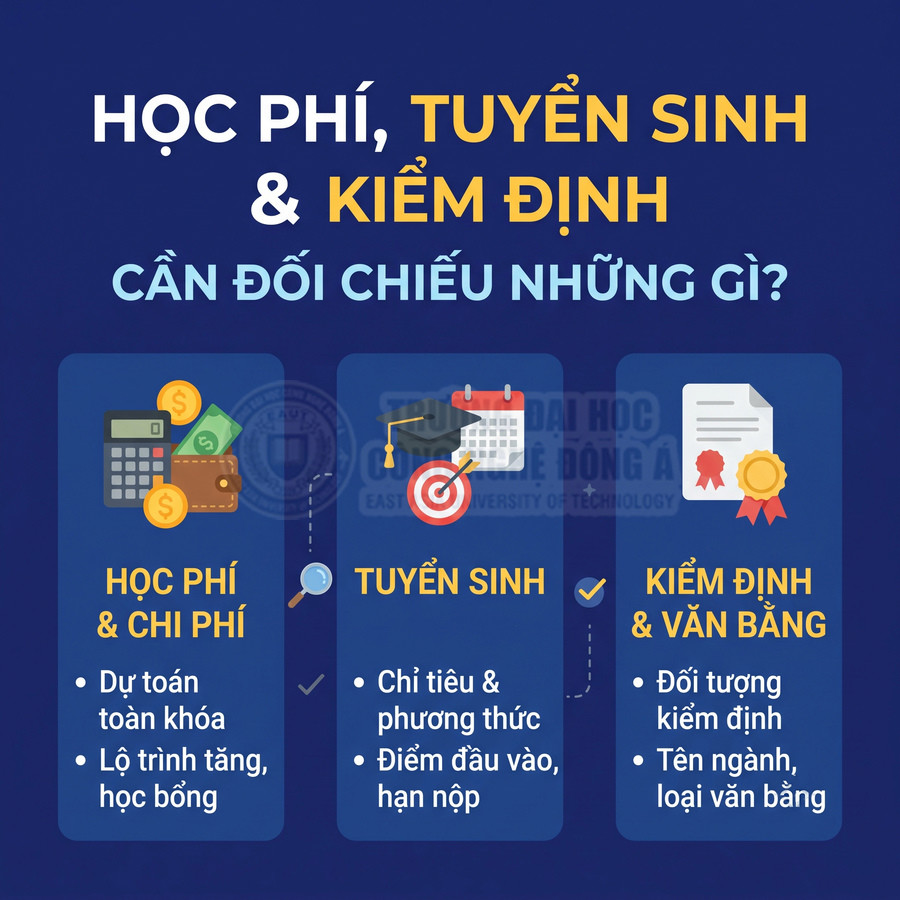 Infographic hướng dẫn đối chiếu học phí, chi phí, thông tin tuyển sinh và kiểm định, văn bằng đại học
