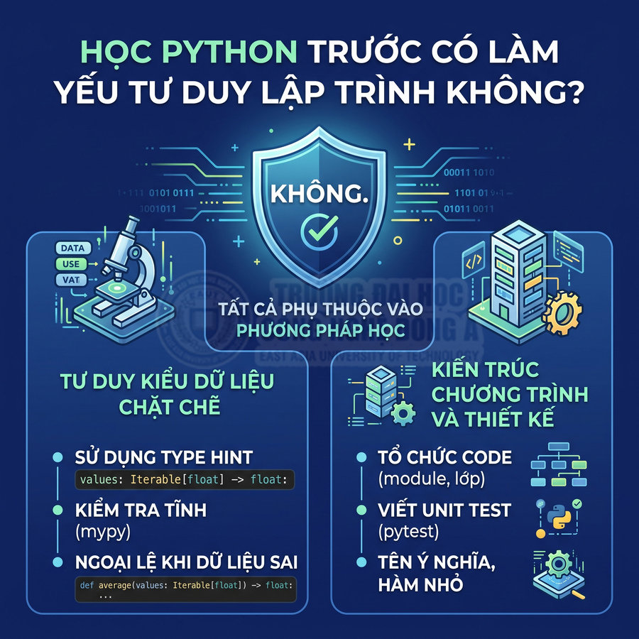 Infographic giải thích học Python không làm yếu tư duy lập trình, nhấn mạnh phương pháp học, kiểu dữ liệu và kiến trúc chương trình