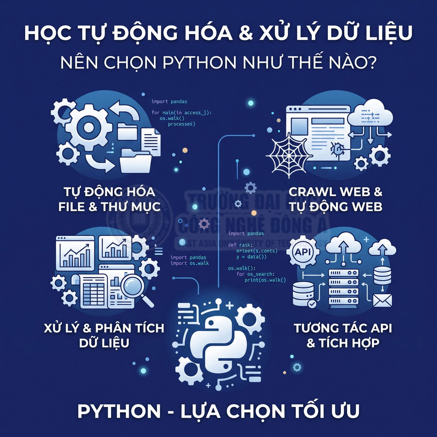 Infographic giới thiệu học Python cho tự động hóa, xử lý dữ liệu, crawl web, tương tác API và phân tích dữ liệu