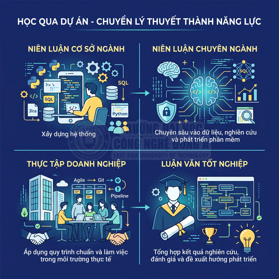 Sơ đồ lộ trình học công nghệ thông tin từ niên luận, thực tập doanh nghiệp đến luận văn tốt nghiệp