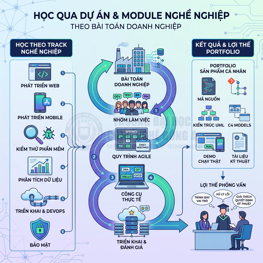 Sơ đồ chương trình học CNTT qua dự án doanh nghiệp với các track nghề nghiệp và lợi thế portfolio khi phỏng vấn