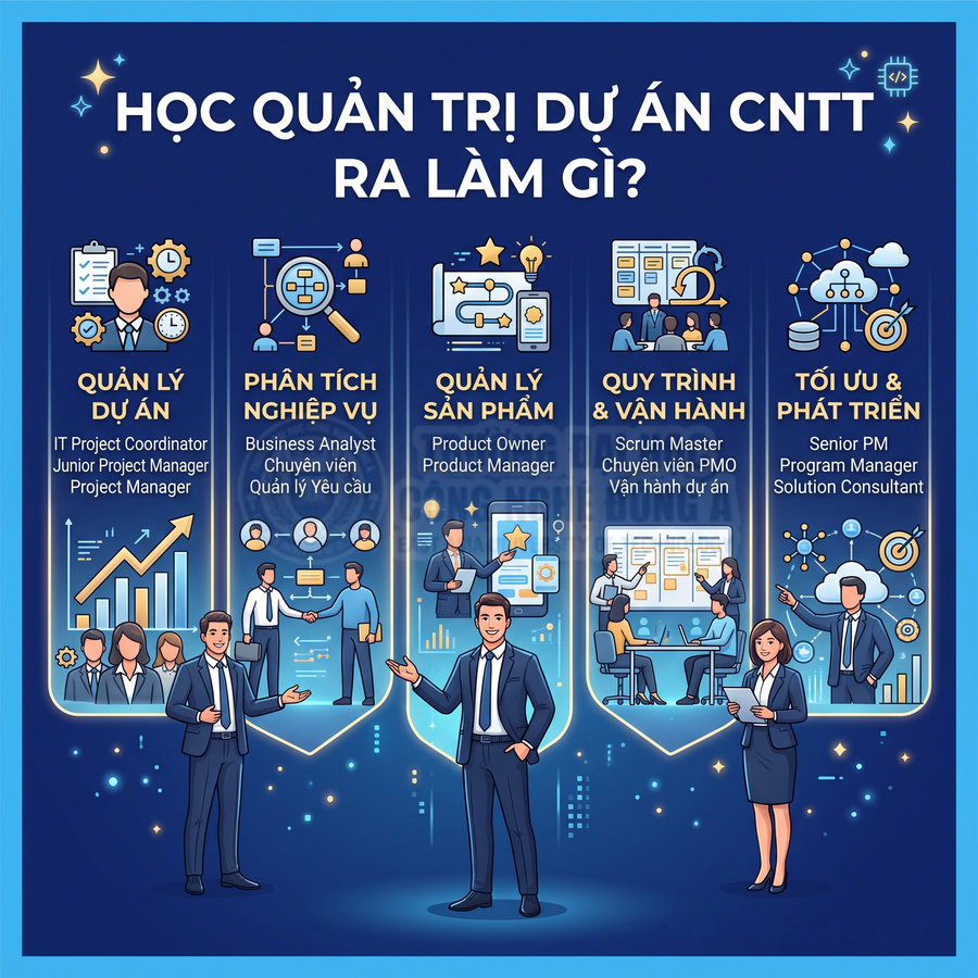 Infographic các vị trí nghề nghiệp sau khi học quản trị dự án CNTT như quản lý dự án, BA, PO, PM, Scrum Master