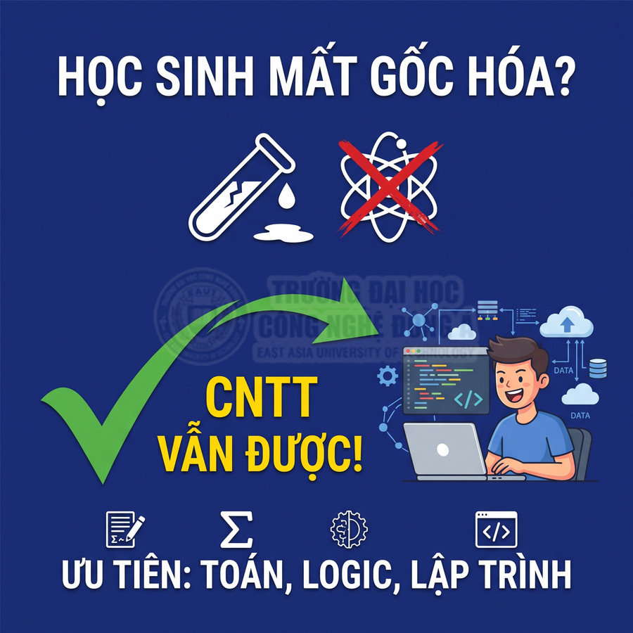 Poster tuyển sinh CNTT cho học sinh mất gốc hóa, ưu tiên môn toán, tư duy logic và lập trình