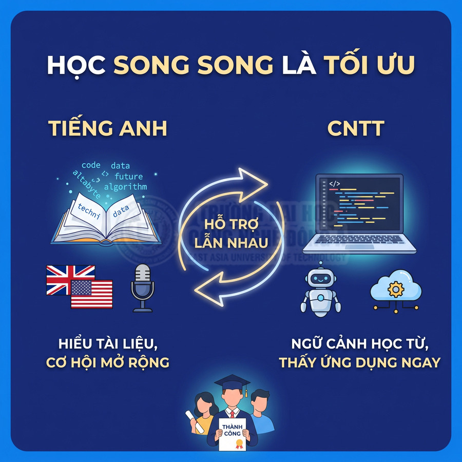 Học song song tiếng Anh và công nghệ thông tin với laptop, robot, sách mở, giúp hỗ trợ lẫn nhau và tăng cơ hội thành công