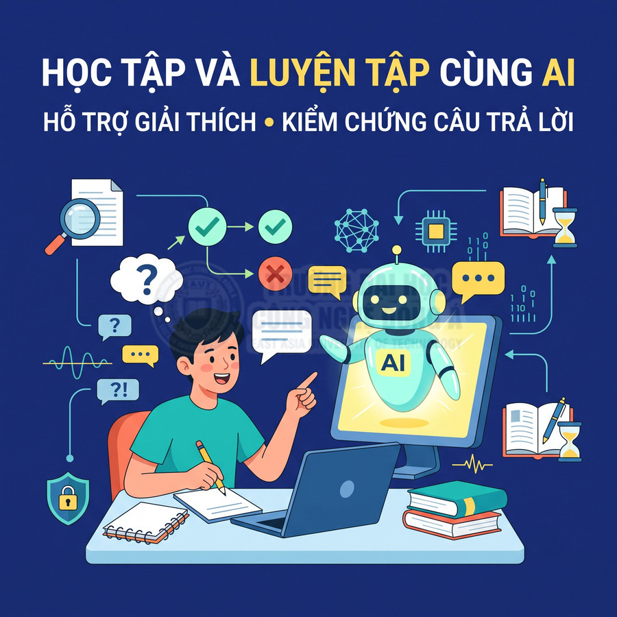 Học sinh dùng máy tính học tập cùng trợ lý AI, giải đáp câu hỏi và kiểm chứng câu trả lời bên cạnh sách vở và tài liệu học tập
