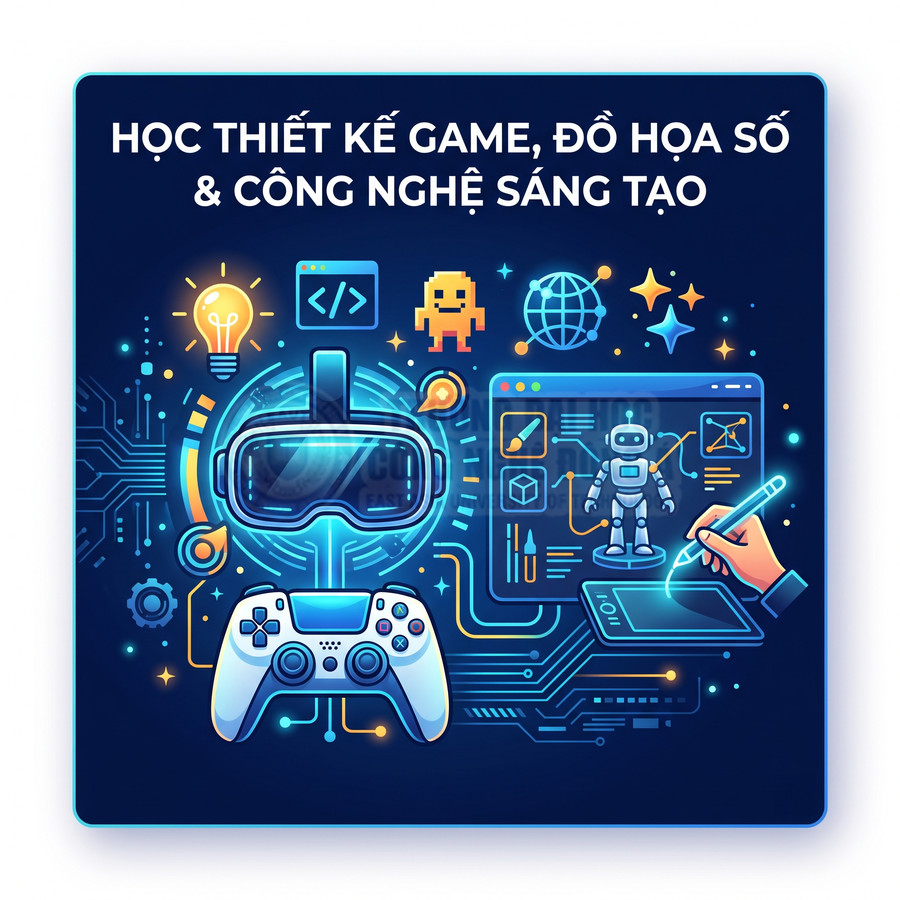 Thiết kế game và đồ họa số với kính VR, tay cầm chơi game, bảng vẽ điện tử và giao diện lập trình sáng tạo