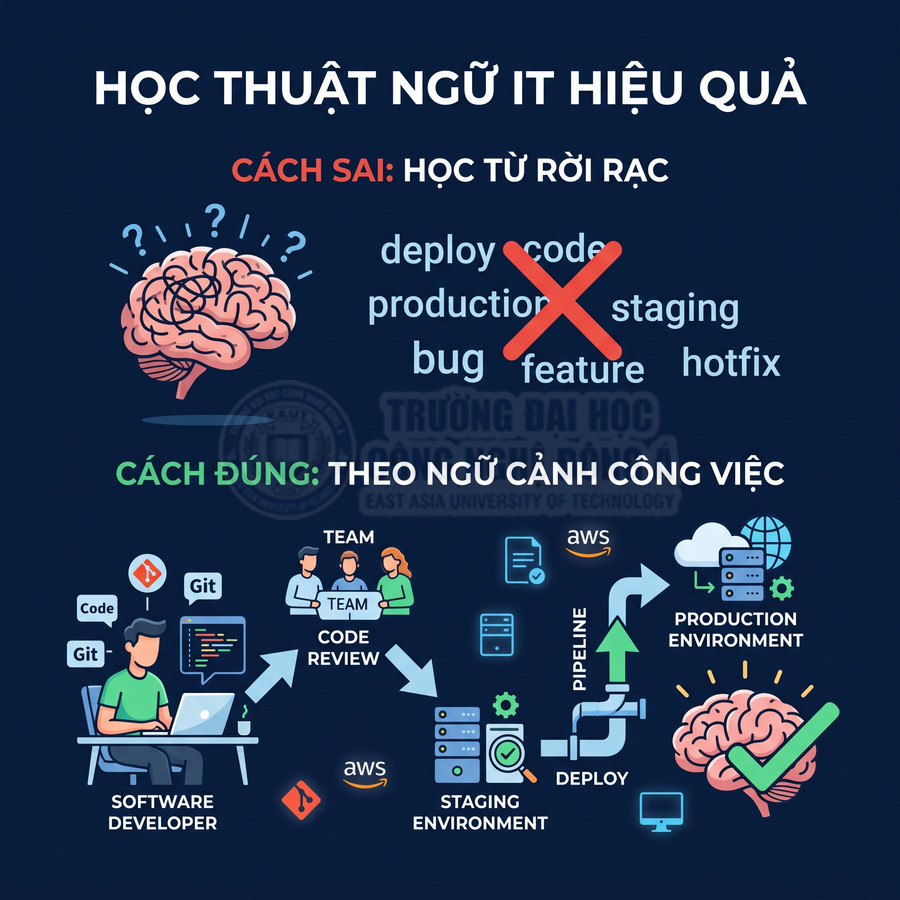 Hướng dẫn học thuật ngữ IT hiệu quả với quy trình làm việc developer, code review, staging và production