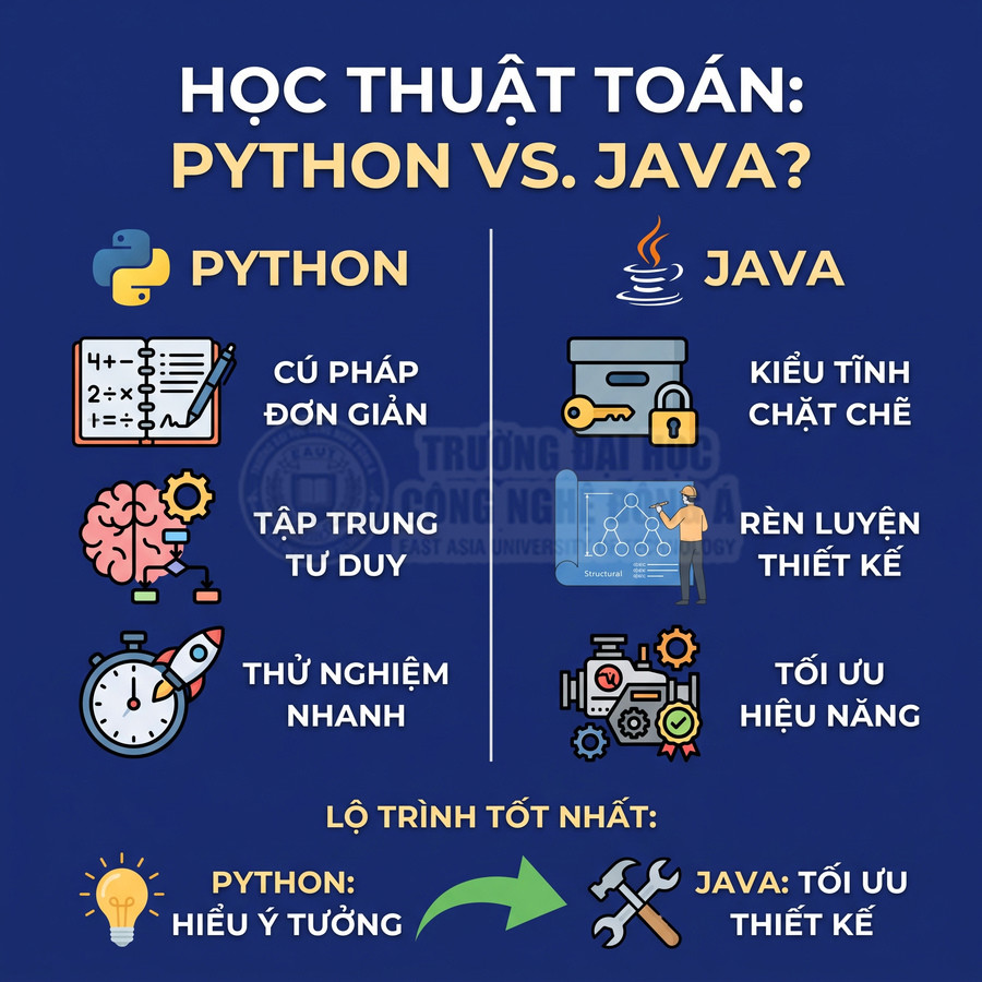 So sánh ưu điểm học thuật toán với Python cú pháp đơn giản và Java tối ưu thiết kế, hiệu năng